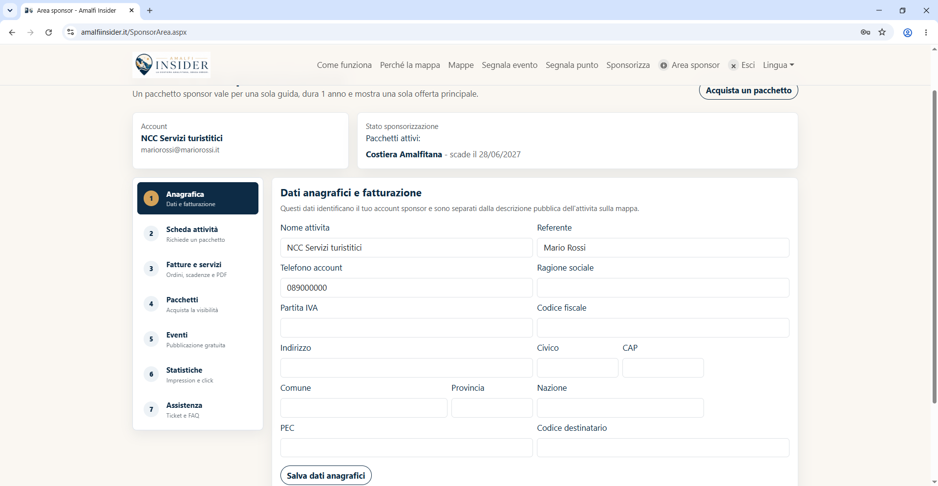 Dashboard e dati account